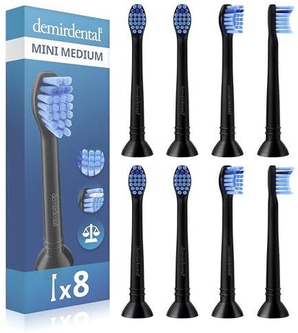 8er demirdental Mini Aufsätze passend für Philips Sonicare Ersatzbürsten, Medium, kleine Bürstenköpfe für präzise Reinigung, Schwarz, entspricht HX6028b