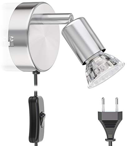 ledscom.de Leselampe Bettleuchte LUNARA, Schalter, Stecker, Edelstahl, chrom matt, inkl. LED GU10 Lampe (weiß, 2,076W, 206lm, 110°)