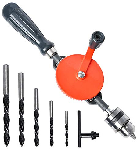 Hand Drill Akamino Powerful and Speedy Manual Hand Drill with Anti Slip Handle and S/S cast 5 Pieces Jaw Chucks for Wood Plastic Acrylic