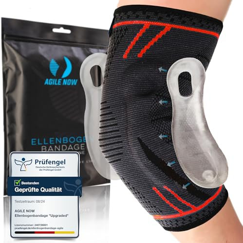 AGILE NOW® Ellenbogenbandage Upgraded stabilisiert & schützt die Gelenke, rutschfeste Tennisarm Bandage mit Curved-Gel-Pads, geeignet für alle Sportarten wie Tennis, Gewichtheben & Golf (L | Rot)
