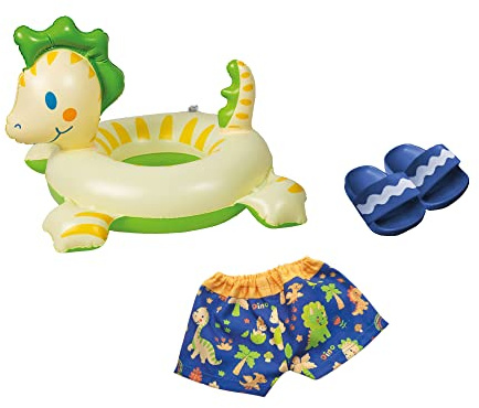 Heless 22 – Simset för dockor i dino-design, 3 delar med badbyxor, badtofflor och simring, storlek ca 35–45 cm, för badkul på varma sommardagar