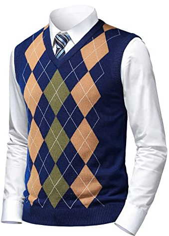 Herothorn Gilet in Maglia da Uomo Argyle Classica con Scollo a V Maglieria Senza Maniche Pullover Maglione Smanicato Canotte Maglioncino Autunno Inverno