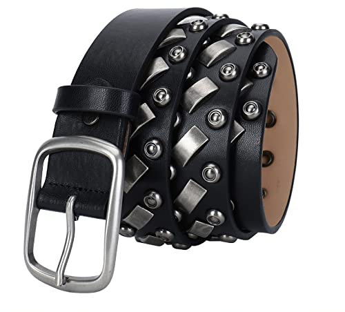 COUGA Nietengürtel Herren Und Damen 3 Reihen Pyramide Metall Nieten Ledergürtel mit Rundnieten im Hip-Hop Style Gürtel Für Jeans, Hosen, Gothic, Punk, Rockwear,Black~b,115cm/waist:38~40