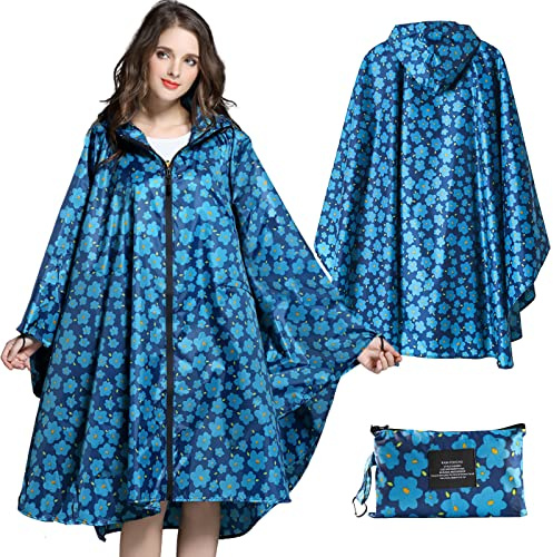 SOPPY Lightweight Waterproof Rain Poncho for Women Men, Windproof Reusable Ripstop Breathable Raincoat with Hood for Outdoor Activities Quick Dry Hooded Raincoat Free Size, Blue Flowers(Width 153cm)