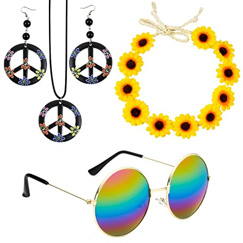 Karjiaja 4-teiliges Hippie Kostüm Set, Enthält Retro Sonnenbrille, Sonnenblumen Hippie Stirnband, Friedenszeichen Halskette und Ohrringe, Unisex, Bunt, Retro-Stil
