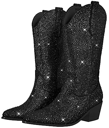blingqueen Cowboy Stiefel Damen Glitzer Boots Western Absatz Schwarz 38 EU