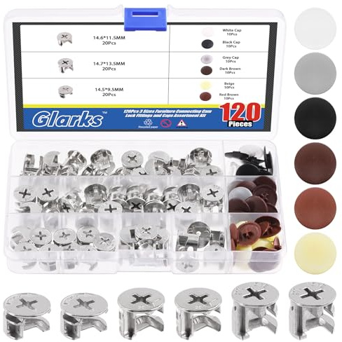 Glarks 120Pcs 3-in-1 Furniture Connecting Cam Fittings with Screw Cap Covers Kit, 6 Colors Self Tapping Screw Caps and 3 Sizes Furniture Cam Lock Fasteners for Cabinet Drawer Wardrobe Panel Connecting