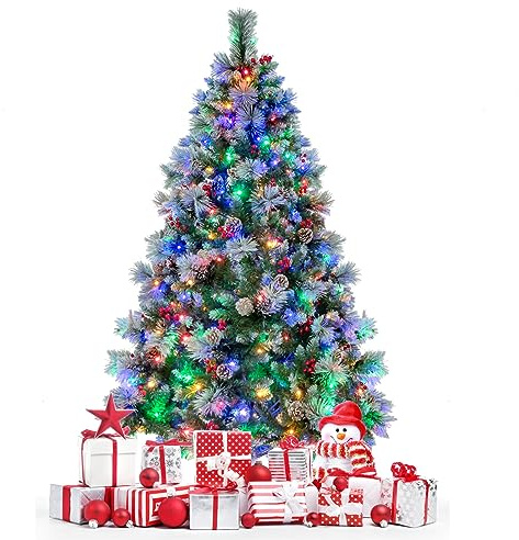 COSTWAY Albero di Natale Innevato 185/215 cm Pre-Illuminato e Incernierato, con 747/1116 Punte, 350/400 Luci LED, 55/70 Pigne, 55/70 Bacche Rosse e 11 Modalità di Illuminazione (185 cm)
