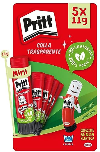Pritt Colla Stick 11g (Pacco da 5), colla per bambini sicura e affidabile, colla Pritt per lavoretti e fai da te, con una tenuta forte per uso scuola e ufficio