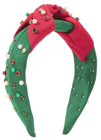 awakentti Bandeau de Noël pour femme, tendance vert saupoudré de strass, bandeau noué à large nœud supérieur, bandeau de vacances pour cheveux de Noël (C)