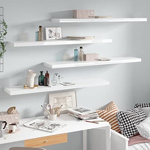 DYRJDJWIDHW garderobenleiste,flurgarderobe,gaderobe,Schwebende Wandregale 4 STK. Hochglanz-Weiß 120x23,5x3,8cm MDFkleiderhaken Wand,hakenleiste,Garderobe Wand,