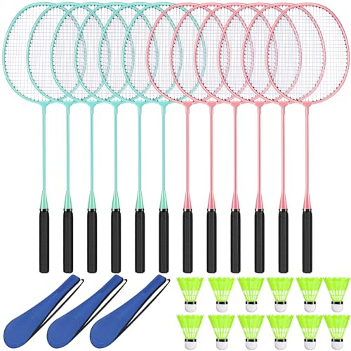 Chitidr 12 Pack Badminton Rackets Set Including Badminton Racquets, Nylon Shuttlecocks and Carry Bag for Outdoor Backyard Games Beginners(12 Pack,Mint Green, Foam Pink)