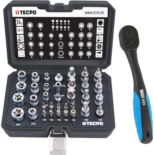 TECPO Innen Außen Torx Nüsse Steckschlüssel Satz 34-tlg. Nuss Bits mit 3/8 Ratsche
