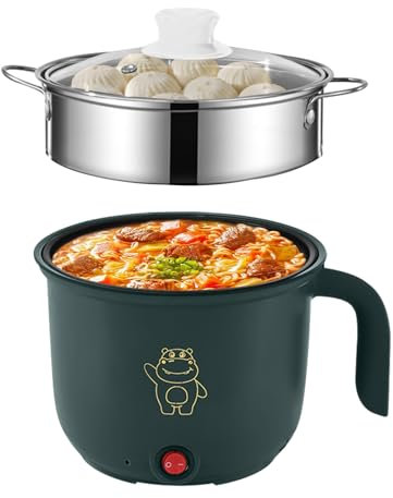 GOEDCH Mini Olla Caliente Eléctrica: Mini Olla Eléctrica Portátil, Mini Sartén Multifuncional, Olla Eléctrica con Vaporera de Acero Inoxidable, Olla de Ramen Rápida de 1,8 L, 600 W, 220 V, Verde