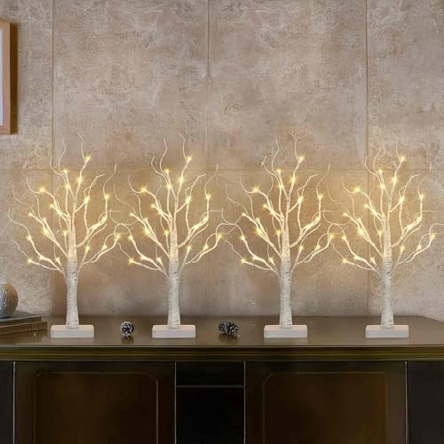DELICHTER Set di 4 alberi di luci con 24 LED bianco caldo, betulla con funzione timer, funzionamento a batteria, decorazione natalizia per casa, feste, Natale, Pasqua, matrimonio, 55 cm