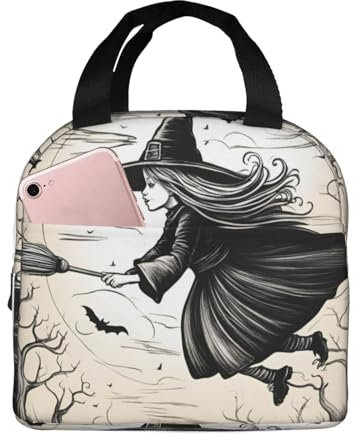 LNNIUK Bolsa de almuerzo con estampado de bruja voladora de Halloween para mujeres, hombres y adultos, bolsa de almuerzo con bolsillo frontal, lonchera