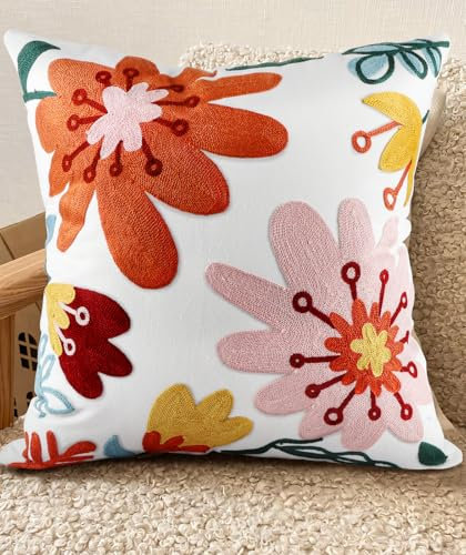 Miss Adola Embroidered Cushion Covers 45 x 45 - Spring Sofa Cushion Cover with Zipper for Couch Bedroom Aesthetic Soft Cotton Decorative Throw Pillow Cases, Multicolor Flowers