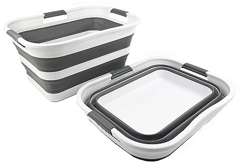 SAMMART 2er-Set zusammenklappbarer Wäschekorb/Organizer aus Kunststoff – Waschwanne – faltbarer Pop-Up-Aufbewahrungsbehälter – platzsparender/tragbarer Wäschekorb (Weiß/Stahlgrau, 30L)