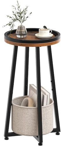 HOOBRO Round Side Table, 2 Tier Bedside Table with Storage Basket, Round Small Table Accent Corner Table Compact Sofa Table for Small Spaces, Living Room, Bedroom, Rustic Brown EBF183BZ01