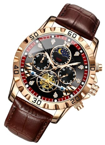 Men Watch - 45mm, PU Leather, Black Business Clock, Analog armbandsur, Sport Chronograph | Vattentät glödande ringfunktion, månfasdisplayspecifikation för vandringsarbete bergsbestigning utomhusbruk