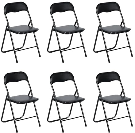 EGGREE Ensemble de 6 Chaises Pliantes Noires - Cadre Métallique, Siège Rembourré en PVC - Capacité de Charge 110 kg - Chaise Ergonomique Pliable pour Camping, Balcon, Fêtes, Bureau, Restaurant