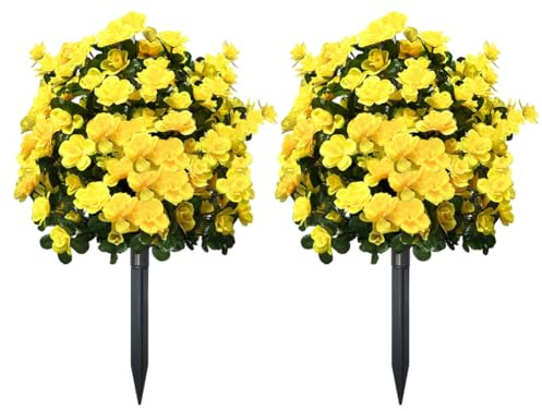 JOYWU UV Resistant Artificial Flower with Ground Stakes Set of 2, 58 cm Fake Azalea Garden Stake Faux Greenery Shrubs Garden Accessories for Farmhouse Outdoor Porch Patio Wedding Decor (Yellow)