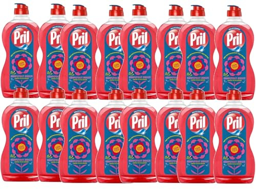 Pril Kraft Gel Grapefruit Breeze (16 x 450ml), Handgeschirrspülmittel mit hoher Fettlösekraft, für sauberes Geschirr auch in kaltem Wasser, frischer Grapefruit-Duft, Sticker Edition