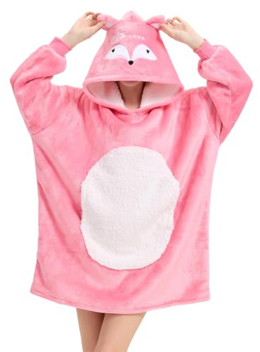 Djur bärbar filt hoodie, stor överdimensionerad sherpa bekväm snuggie för vuxna kvinnor, Röd räv, En Storlek