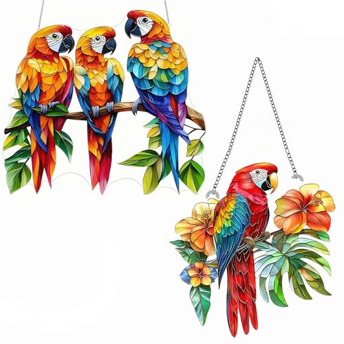 2 Stück Papagei Fensterdeko, Hängender Sonnenfänger Modern, Acryl Vogel Anhänger mit Kette, Buntglas Kolibri Fensterbehang, Suncatcher für Fenster Türen Zuhause Deko (1 und 3 Papageien)