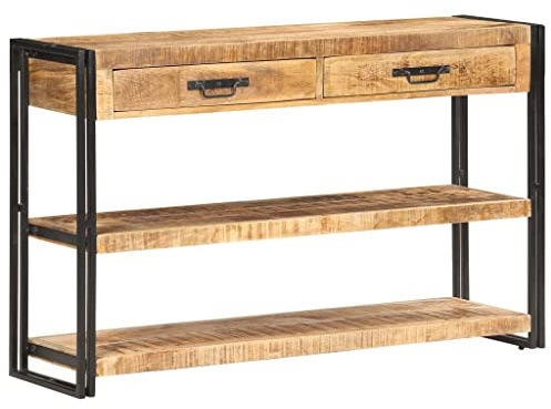 QJBSAVVA Sideboard 120x30x75 cm Mangoholz Massiv Industrial Design mit 2 Schubladen & 2 Regalen Robustes Wohnzimmerschrank für Living Room Küche Flur