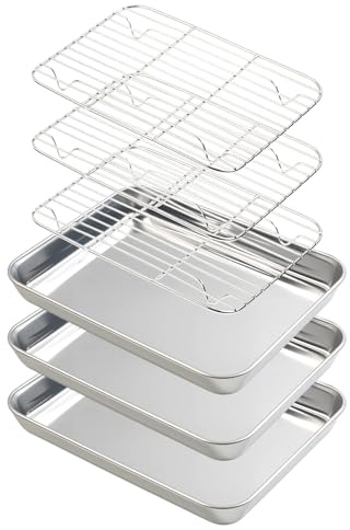 Bakplåt i rostfritt stål med gallerset (3 plåtar + 3 galler), livsmedelssäkert material för bakning, grillning, kylning, avrinning, lätt att rengöra och lång livslängd (23,5 x 17,5 x 2,8 cm)