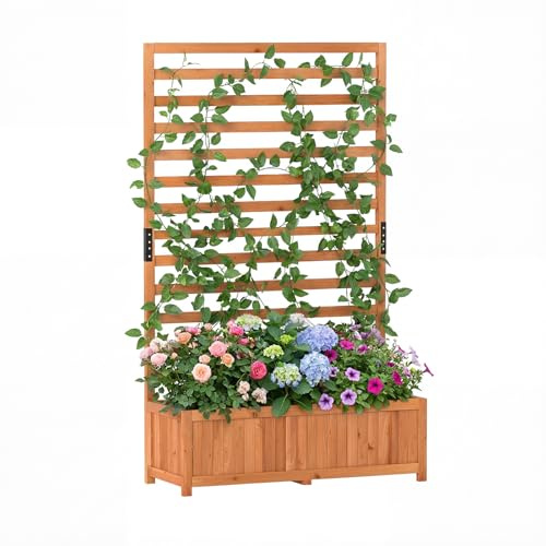 GOPLUS Jardinière avec Treillis pour Plantes Grimpantes, Brise Vue Jardin avec Bac à Plantes 150 cm pour Vignes, Légumes, Fleurs,Autoportant pour Balcon Extérieur (Orange,90x35x150CM)