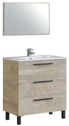 Mobile Bagno A Terra Con 3 Cassetti Lavabo In Ceramica E Specchio 77 x 50 Cm Inclusi Design Moderno Salvaspazio Elegante E Funzionale 80 x 45 x 86 Cm (Rovere Alaska)