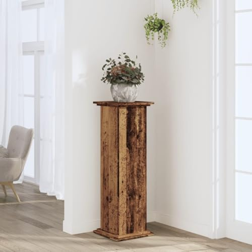 Runheo Pflanzenständer Altholz-Optik 33x33x100 cm Holzwerkstoff, stabiler Blumentisch für Wohnzimmer Balkon Terrasse, Blumensäule mit großer Ablagefläche und moderner Deko Halterung