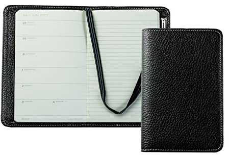 DELMON VARONE - Personalisierbarer Taschenkalender 2027 Soft Grain Leder schwarz - Organizer Kalenderbuch (1 Woche 1 Seite), Buch-Kalender Hardcover Einband - Notizbuch Planer mit Stiftschlaufe