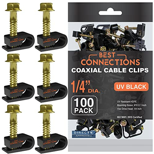 BEST CONNECTIONS Coaxial Cable Clips with Pre-Inserted Screw (100 Pack) – Black Single Cable Mounting Clamps for Coax Cable (RG6, RG59) and Ethernet Cable – Cord Fastener/Strain Relief Clip