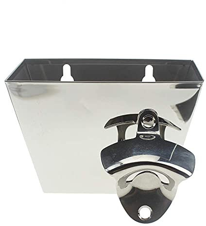 Luwanburg Stainless Steel Bottle Opener Wall Mounted Beer Top Opener with Cap Catcher Bucket (Polished Finish)
