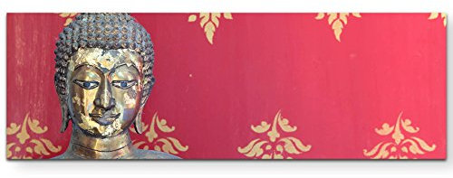 Paul Sinus Art Leinwandbilder | Bilder Leinwand 120x40cm Kopf einer Buddha Statue vor thailändischer Wandmalerei