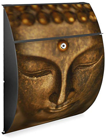 banjado Design Briefkasten - Modell Riviera 46x33,5x13cm groß - verzinkter Stahl anthrazit - Postkasten Öffnungsstopp großer A4 Einwurf Zylinderschloss 2 Schlüssel - Motiv Buddha Gold