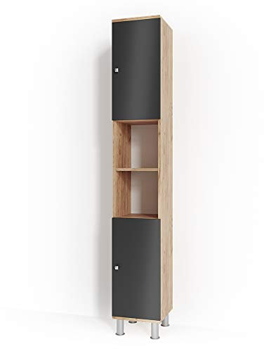 Vicco Badschrank Eiche Fynn 30x190x30 cm - Wäscheschrank, Viel Stauraum von Oben bis unten – ideal für Handtücher & Pflegeprodukte