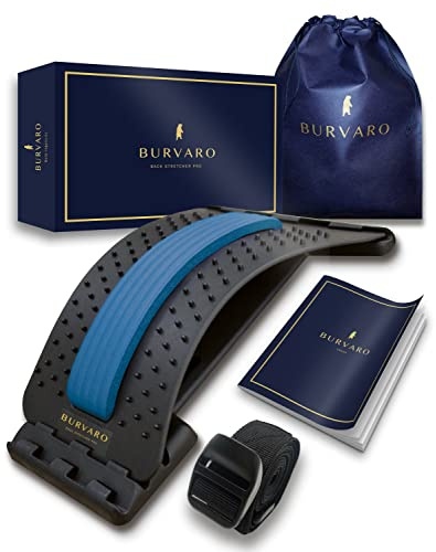 BURVARO Back Stretcher Pro, Lumber Ryggsmärtlindring och ryggstretchare - korrigerar hållning och möjliggör cirkulation, avslappning och flexibilitet - Inkluderar halkfri rem - svart och saltblå
