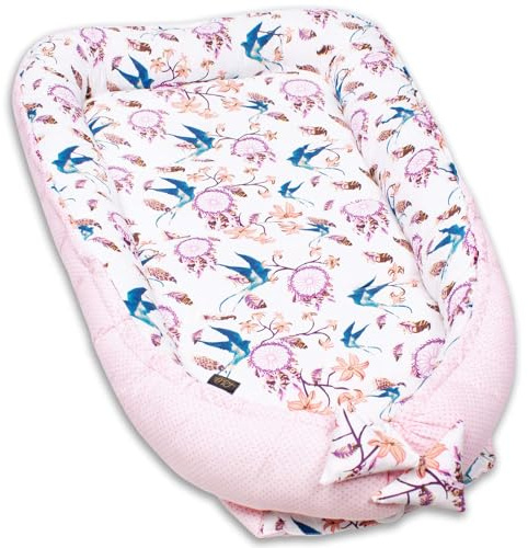 PaLulli 120x60 cm Babynest Babynestchen XXL Babykokon 2seitig 100% Baumwolle Kissen Nestchen für Babybett Reisebett für Baby und Säugling Feathers (Swallows)