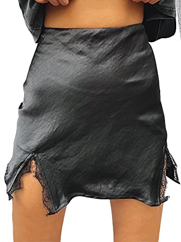 LYANER Minifalda corta de satén con ribete de encaje para mujer, dobladillo dividido, cremallera y cintura alta, color negro, talla S