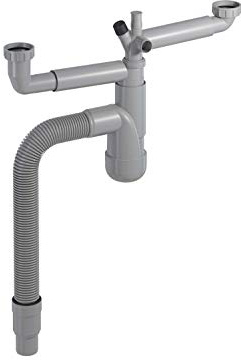 PREVEX Flexloc Siphon gain de place universel 1,5 ou 2 cuves pour évier de cuisine | aus recyceltem Kunststoff | 2 Anschlüsse, Für Küchenspülen/Becken