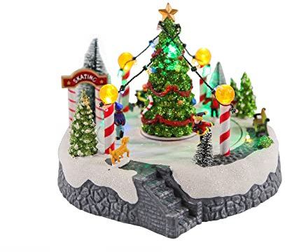 Spetebo LED Weihnachts Dorf - Eisbahn mit Tannenbaum / 22 cm - mit Musik und Bewegung - Weihnachtsdekoration Winterdekoration mit Beleuchtung Innen
