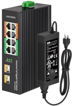 Linovision Switch PoE Industriel 8 Ports Gigabit Non Administrables Avec 2 Uplinks Sfp, 4 Ports PoE BT 90W, PoE Watchdog, Alimentation Redondante, Sur Rail Din Pour Caméra Ptz/Éclairage