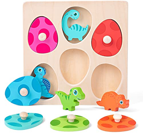 Holzpuzzle ab 1 Jahr | Baby Montessori Holzspielzeug Dino Eier für 12-36 Monate Mädchen und Jungen | Kinder Greifpuzzle Motorikspielzeug Sortierspiel Geburztag Weihnacht Ostern Geschenk (Dino & Eier)