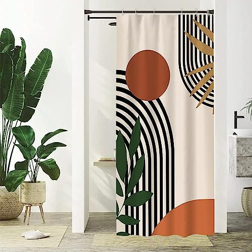 Uiiooazy Cortina de Ducha Abstracta Pequeño Boho Hojas Verde Minimalista Moderno Anti Moho Impermeable Tela de Poliéster Lavable Con 6 Ganchos 90Ax180Lcm