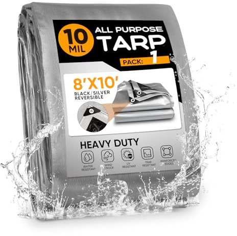 Zeonly 10Mil Tarpaulin,2.4x3 m/8x10 ft Large Tarpaulin with Grommets and Reinforced Edges,150g/m² Heavy Duty Waterproof Tarp for Firewood Roof Pool Boat,Finished Size,Black/Silver,1 PACK