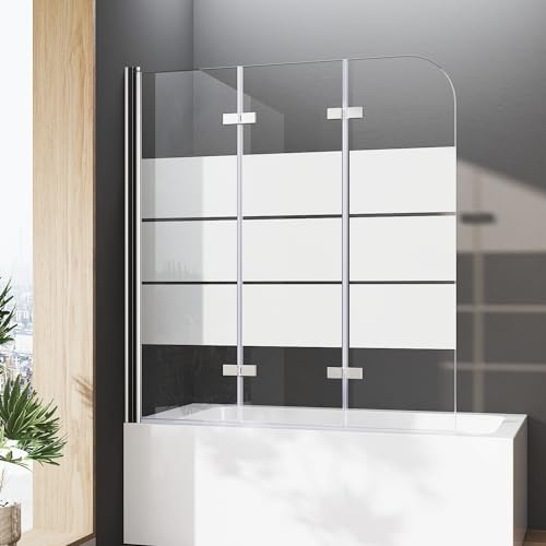 Duschwand für Badewannen 130 x 140 cm 3 teilig faltbar Dekor Querstreifen Duschabtrennung Sicherheitsglas hell Duschwand Duschabtrennung Nano Glas